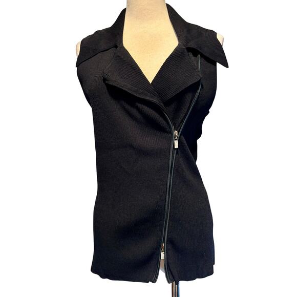 Cache Black 2 WAY Diagonal Rhinestone ZIPPER Rib Knit Top Wayne Rogers - Picture 1 of 14